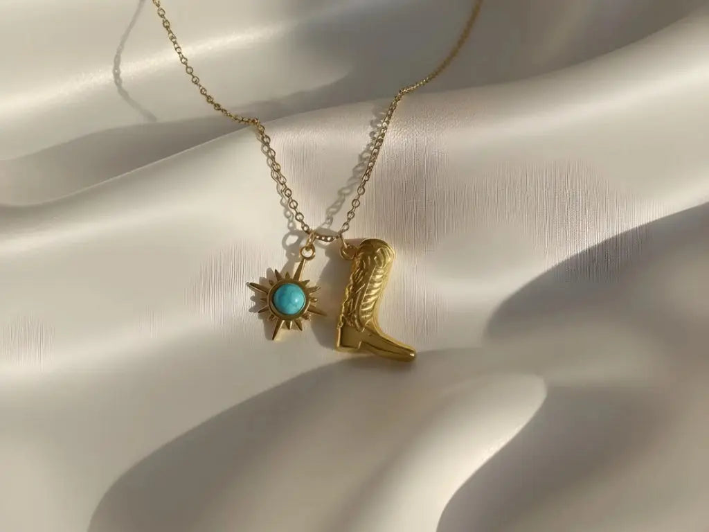 Western Cowgirl Necklace, 18K Gold Plated, Boot & Sun Charm Necklace - AurviJewelry