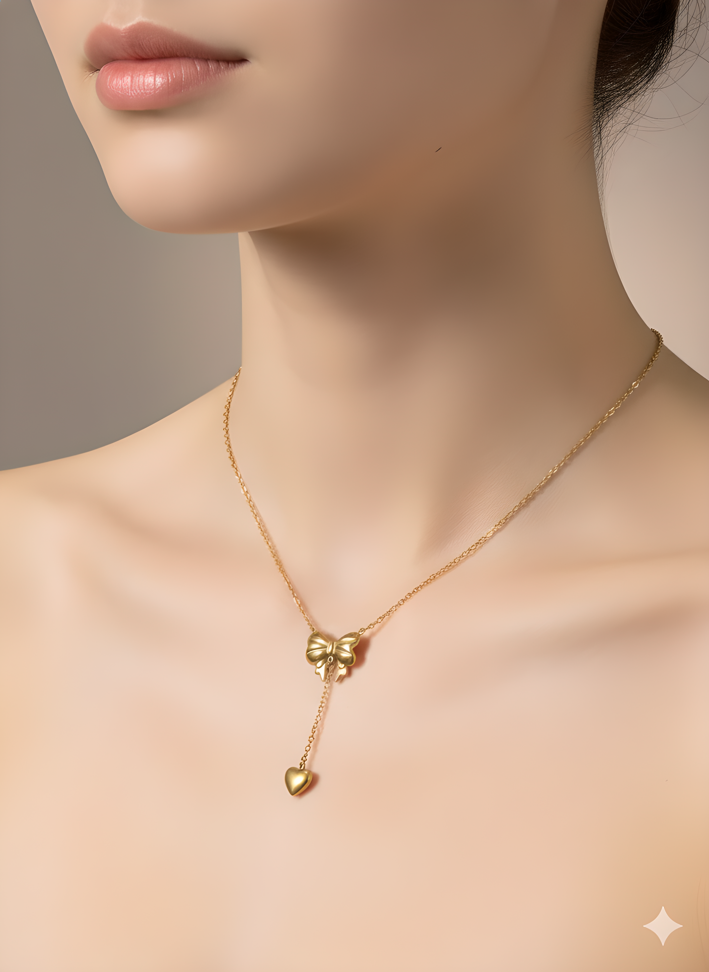 Bow & Heart Drop Necklace 18K Gold Plated | Dainty Romantic Pendant | Feminine Everyday Jewelry 45+5cm