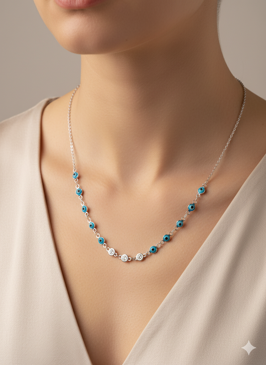 Silver Blue Evil Eye Beaded Necklace