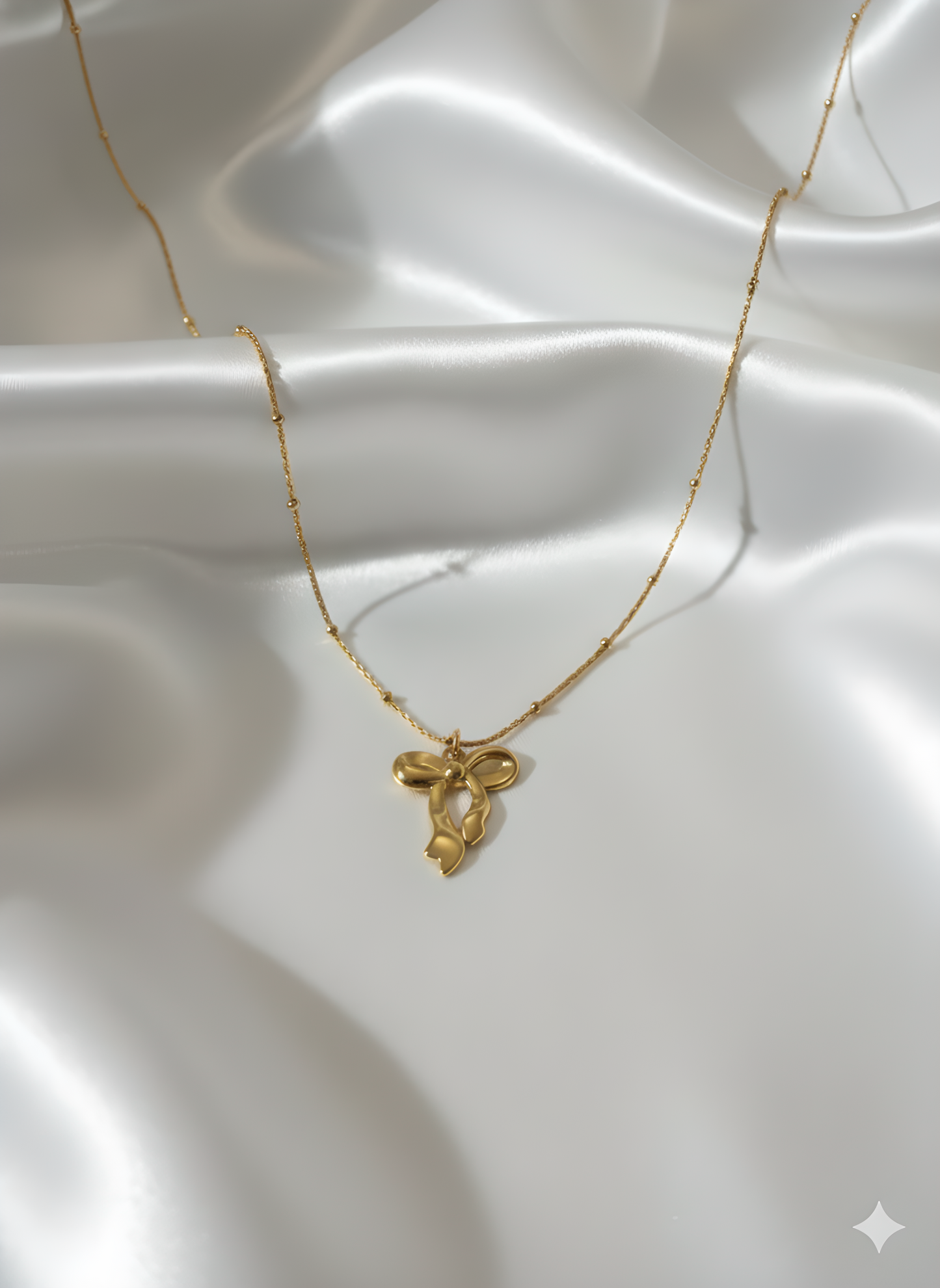 Bow Pendant Necklace 18K Gold Plated | Delicate Beaded Chain | Minimal Everyday Jewelry 45+5cm