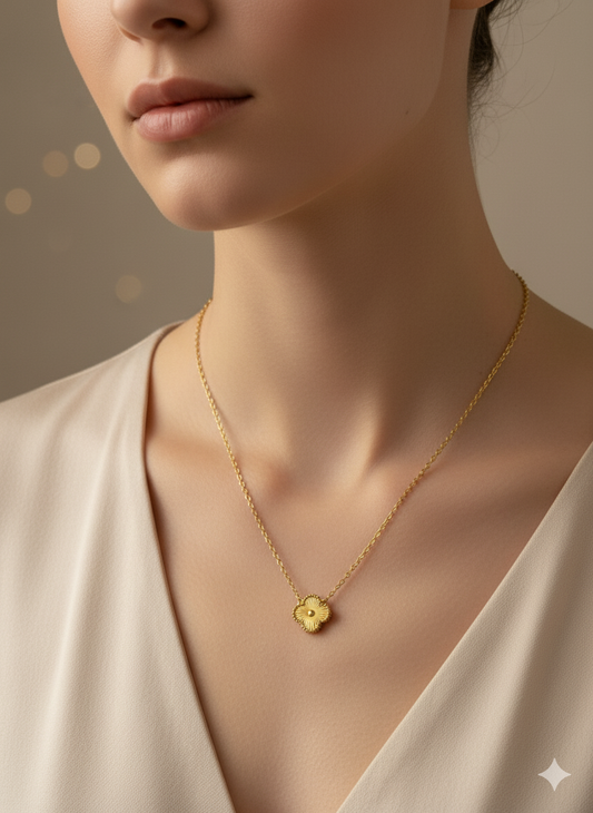 Gold Clover Pendant Necklace – Textured Lucky Charm Pendant