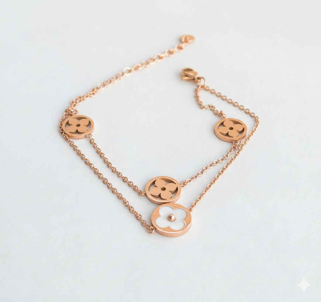Rose Gold Clover Bracelet – Double Chain with White Enamel & Open Charms by AurviJewelry