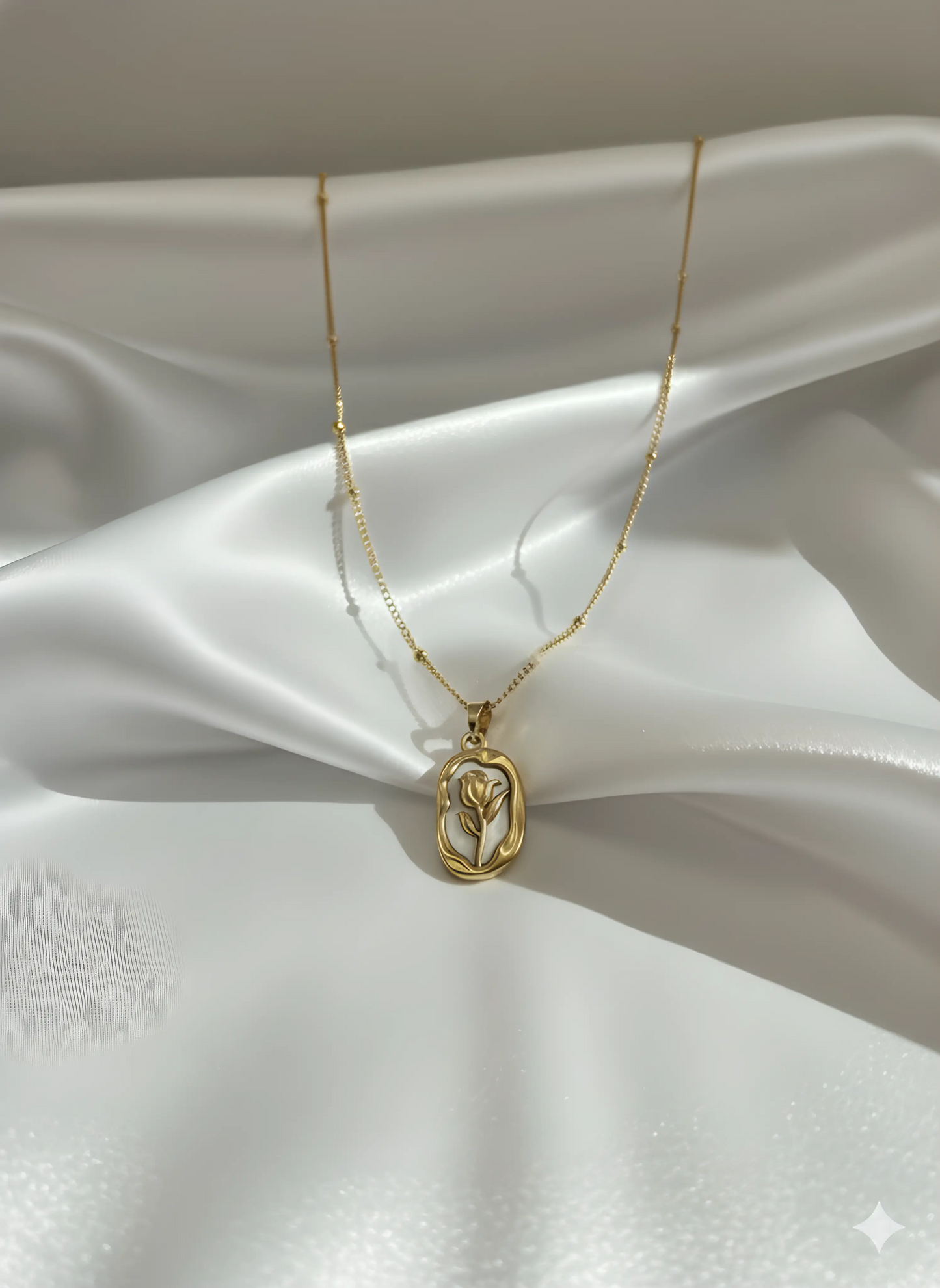 Tulip Pendant Necklace 18K Gold Plated | Mother of Pearl Flower Charm | Delicate Beaded Chain 45+5cm by AurviJewelry