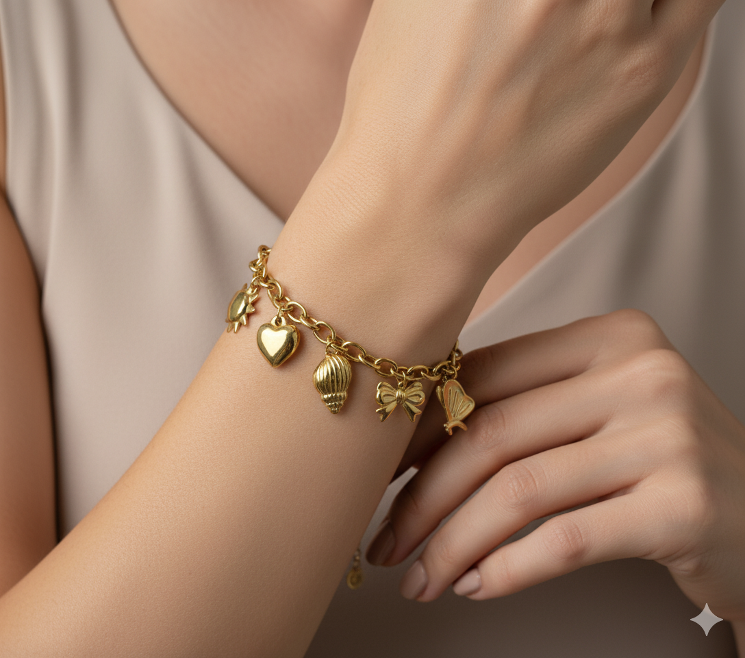 Gold Charm Bracelet 18K Gold Plated – Sun, Heart, Shell, Butterfly