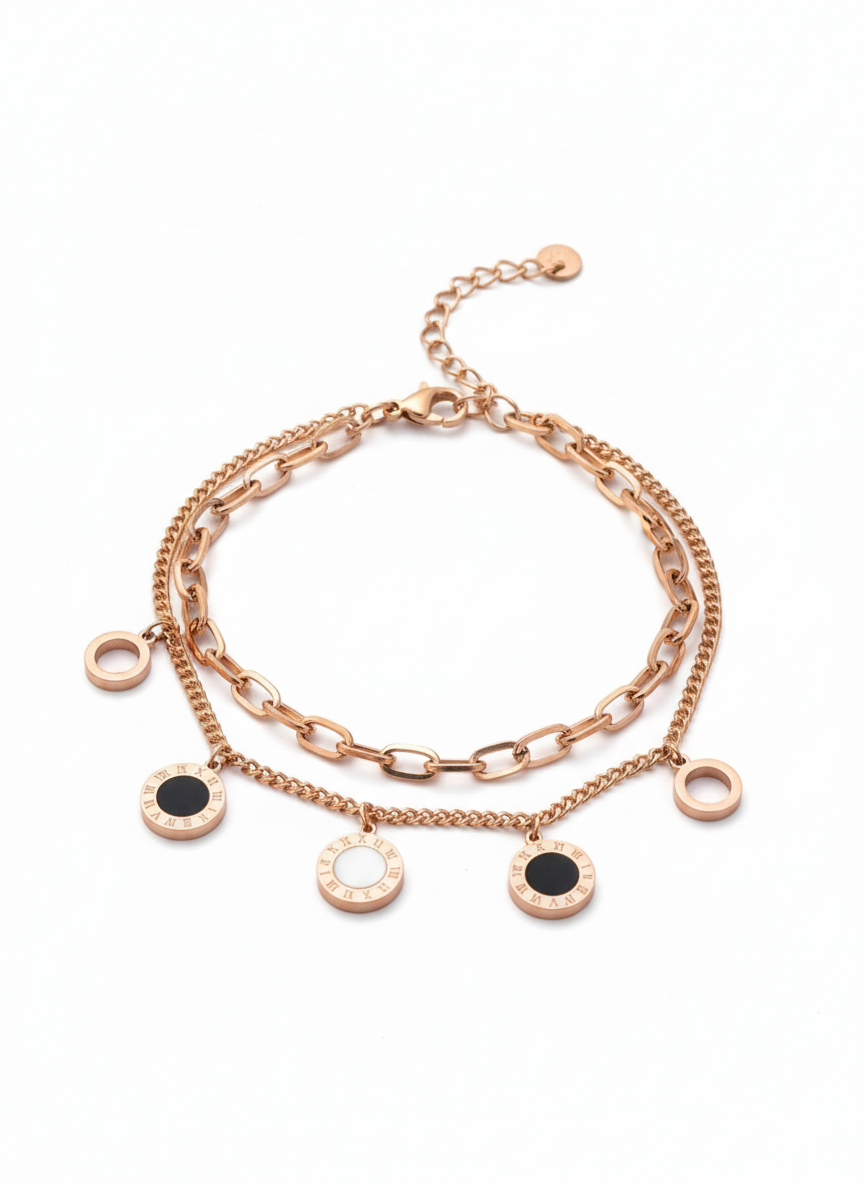 Rose Gold Roman Numeral Bracelet – Double Chain with Black & White Enamel Charms by AurviJewelry