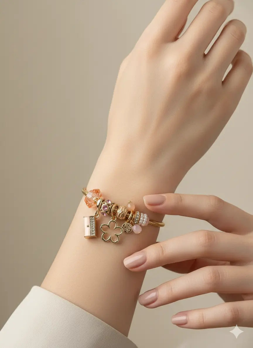 Gold Charm Clover Bracelet – Beaded Chain with Crystal & Pearl Accents 📖 Description by AurviJewelry