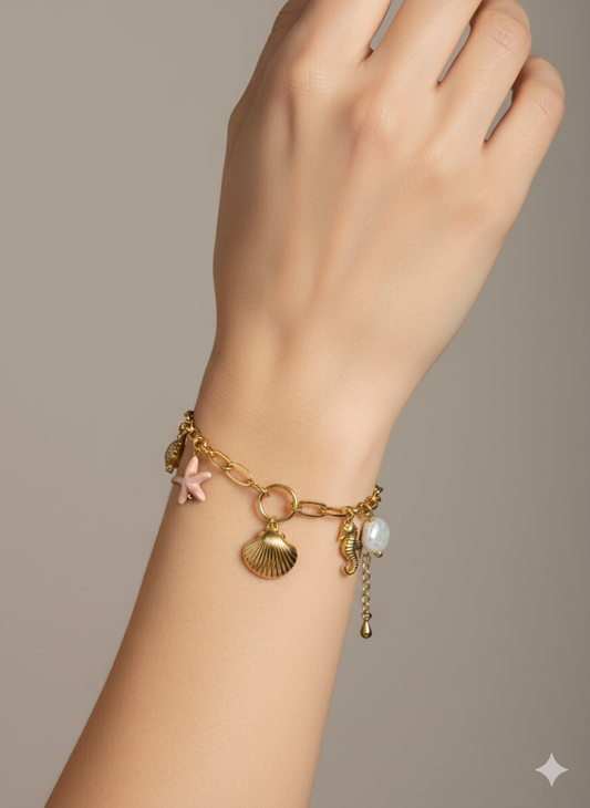 Ocean Charm Bracelet 18K Gold Plated – Shell, Starfish, Turtle, Seahorse & Gemstone