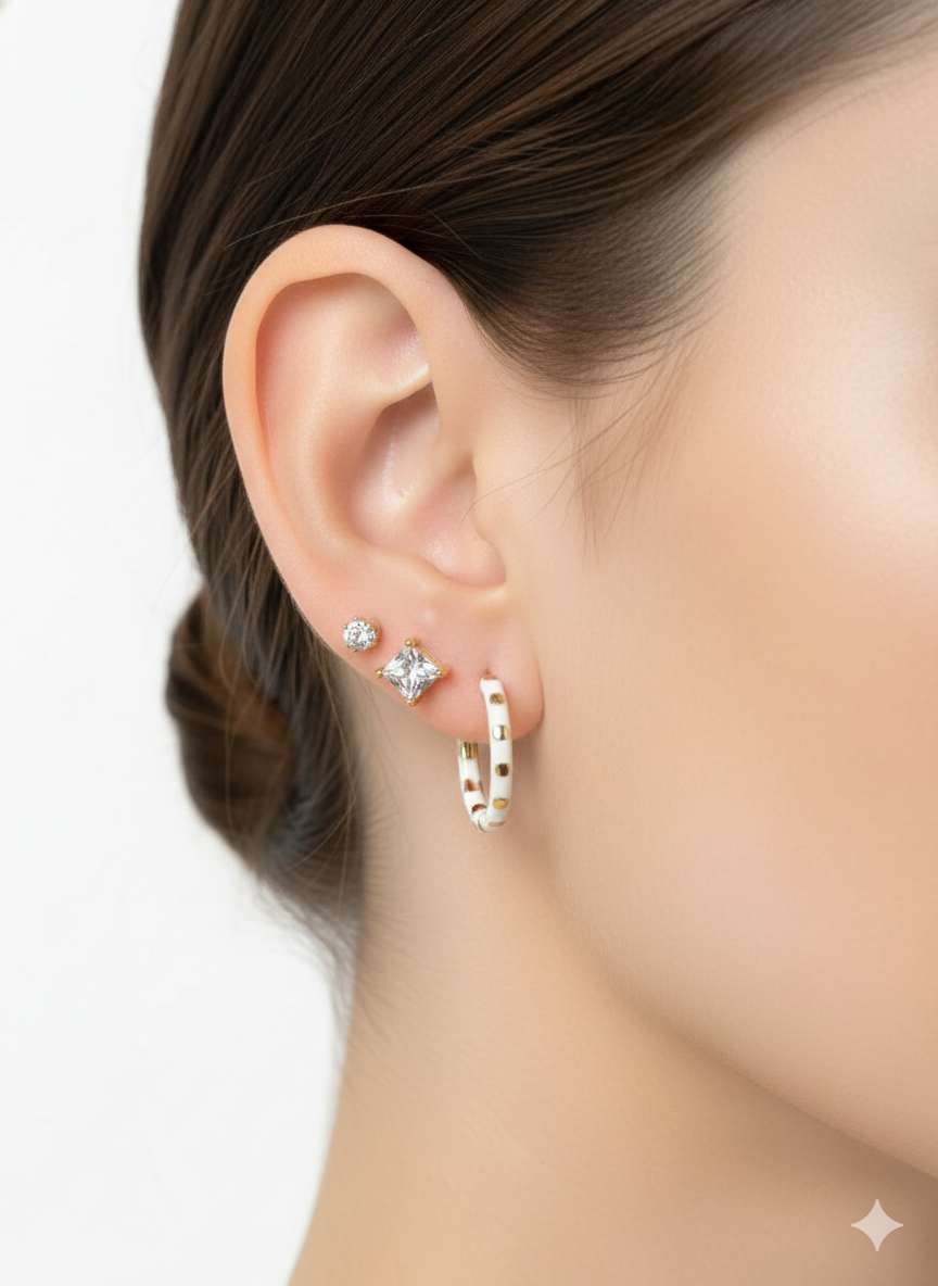3-Pair 18K Gold Plated Piercing Earrings Set – Crystal Studs, Princess-Cut Studs & White Enamel Bar Hoops AurviJewelry