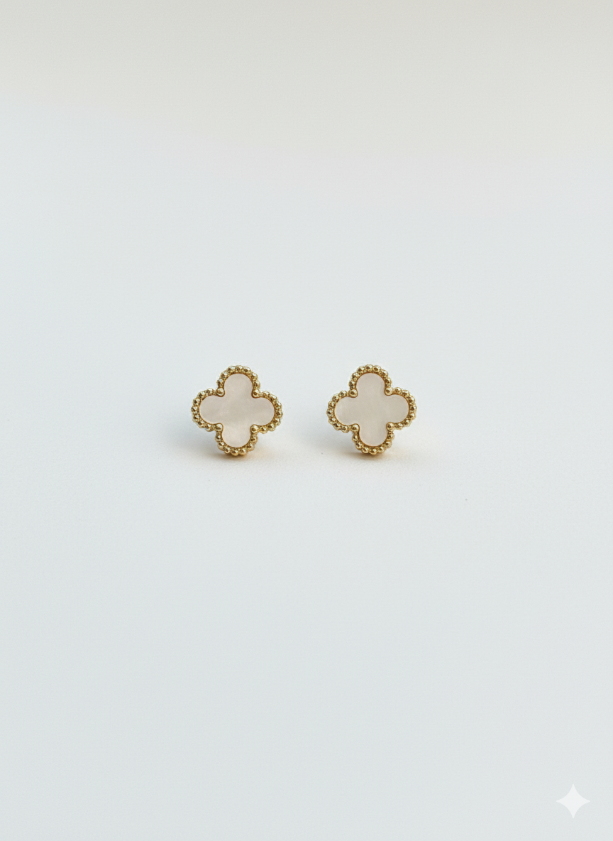 Clover Stud Earrings – White & Black Enamel in Gold Setting