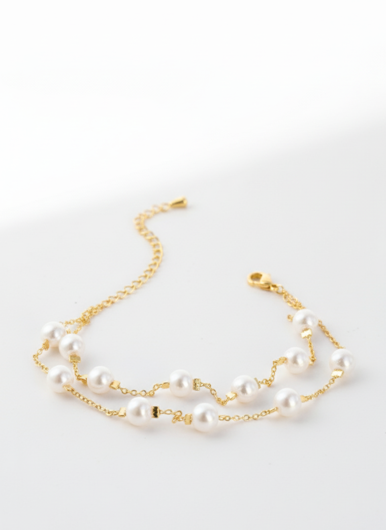 Gold Pearl Bracelet – Double Layer Chain with Dainty Pearls by AurviJewelry