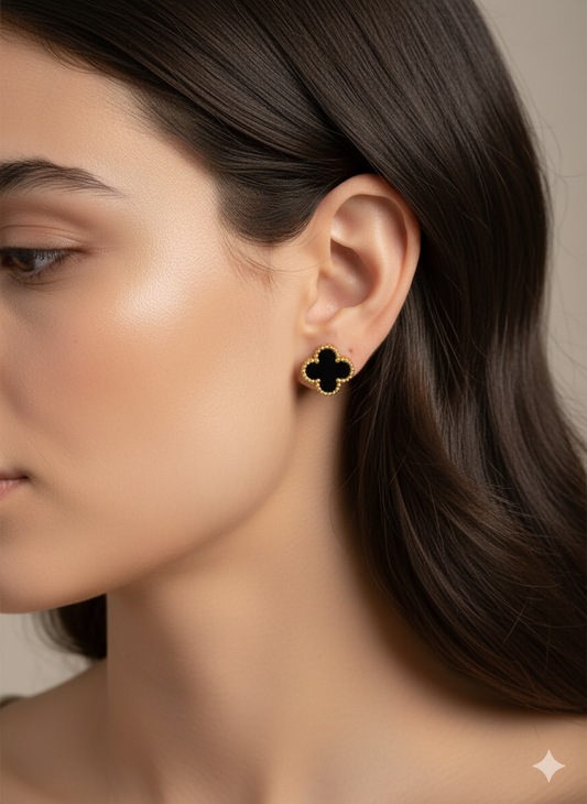 Clover Stud Earrings – White & Black Enamel in Gold Setting