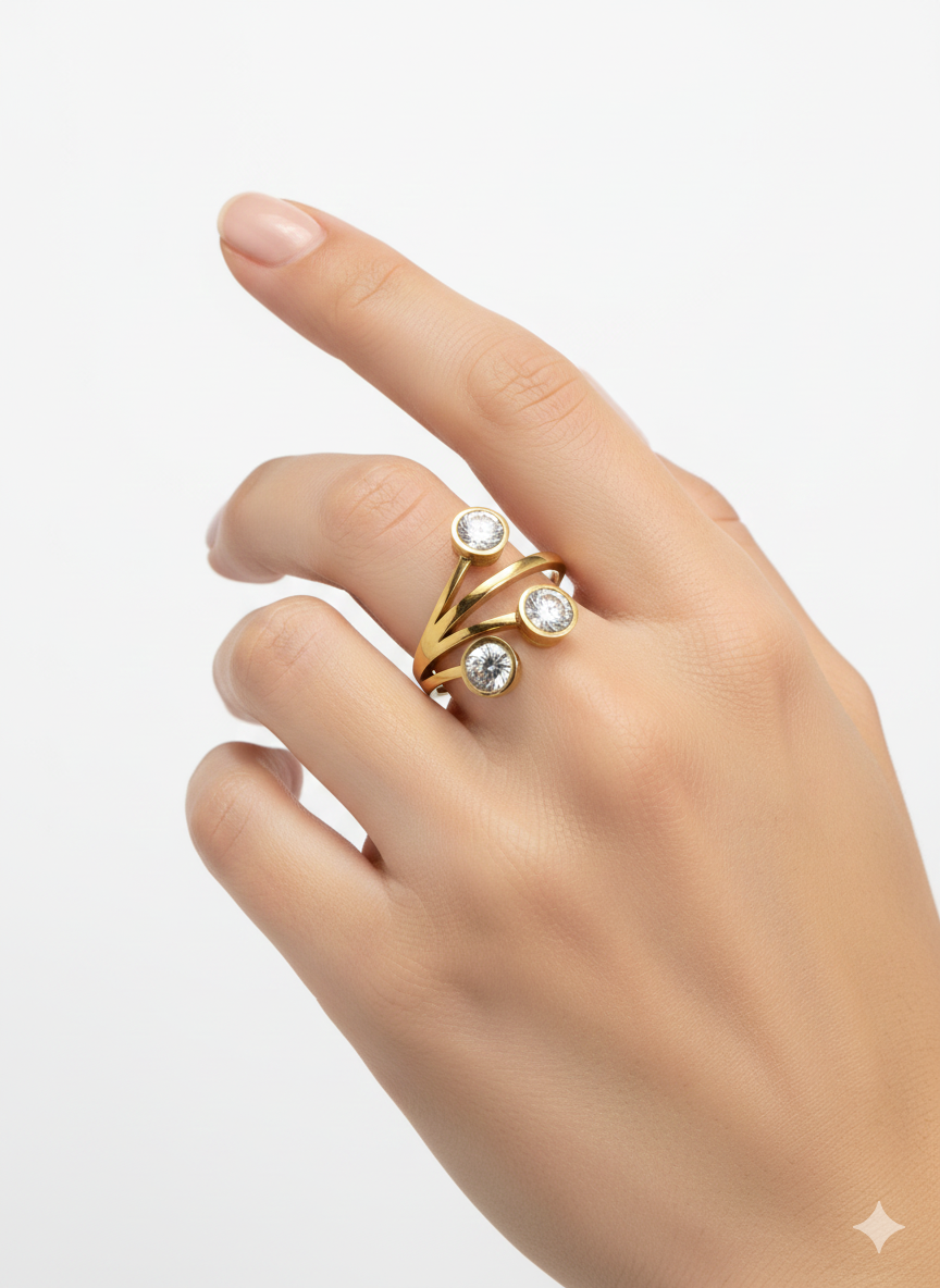 Triple Stone Gold Wrap Ring | Minimal Bezel CZ Statement Ring | Modern Everyday Jewelry AurviJewelry