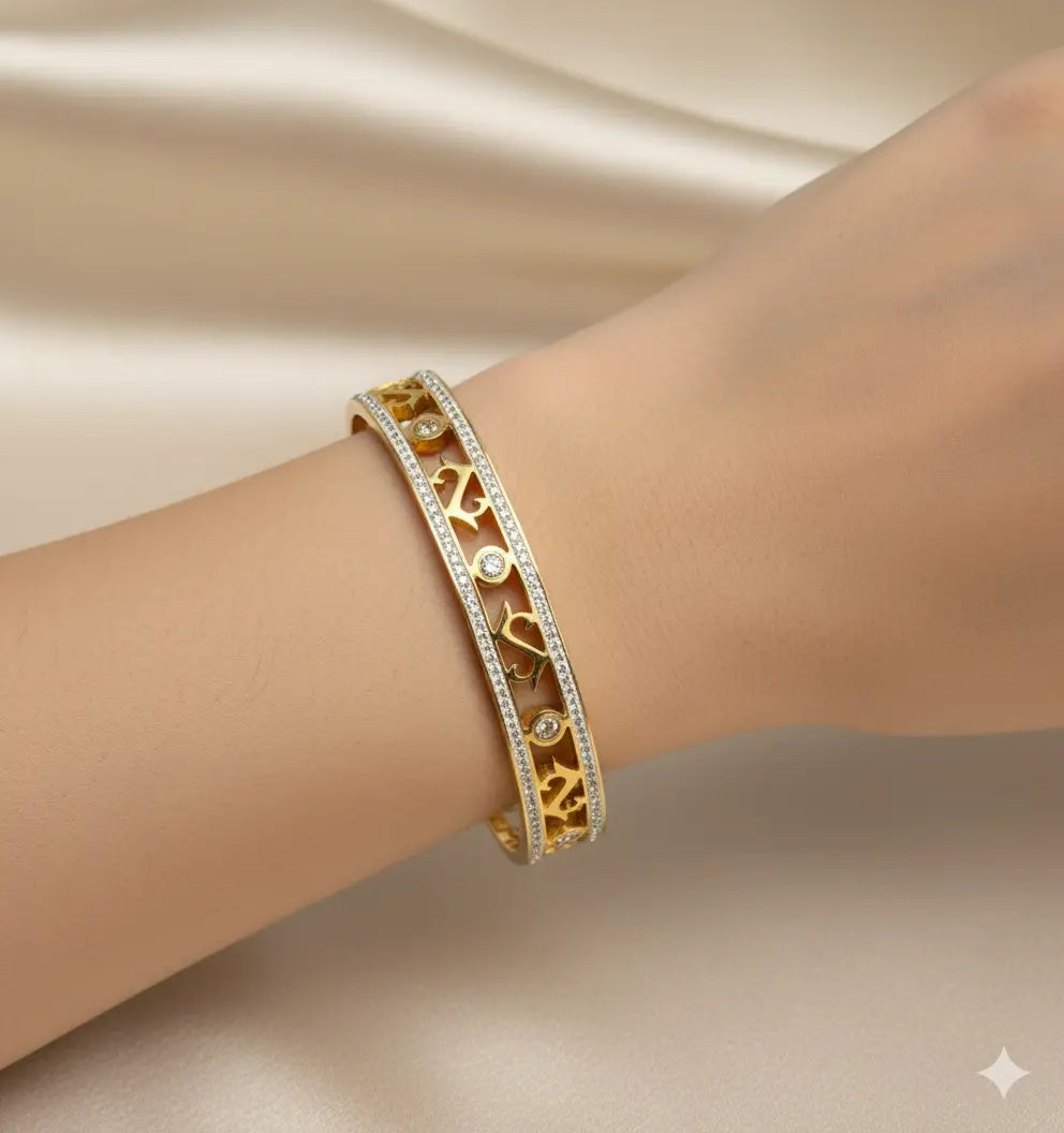 Gold Cutout Bangle – CZ Accent Bracelet with Pavé Edges by AurviJewelry
