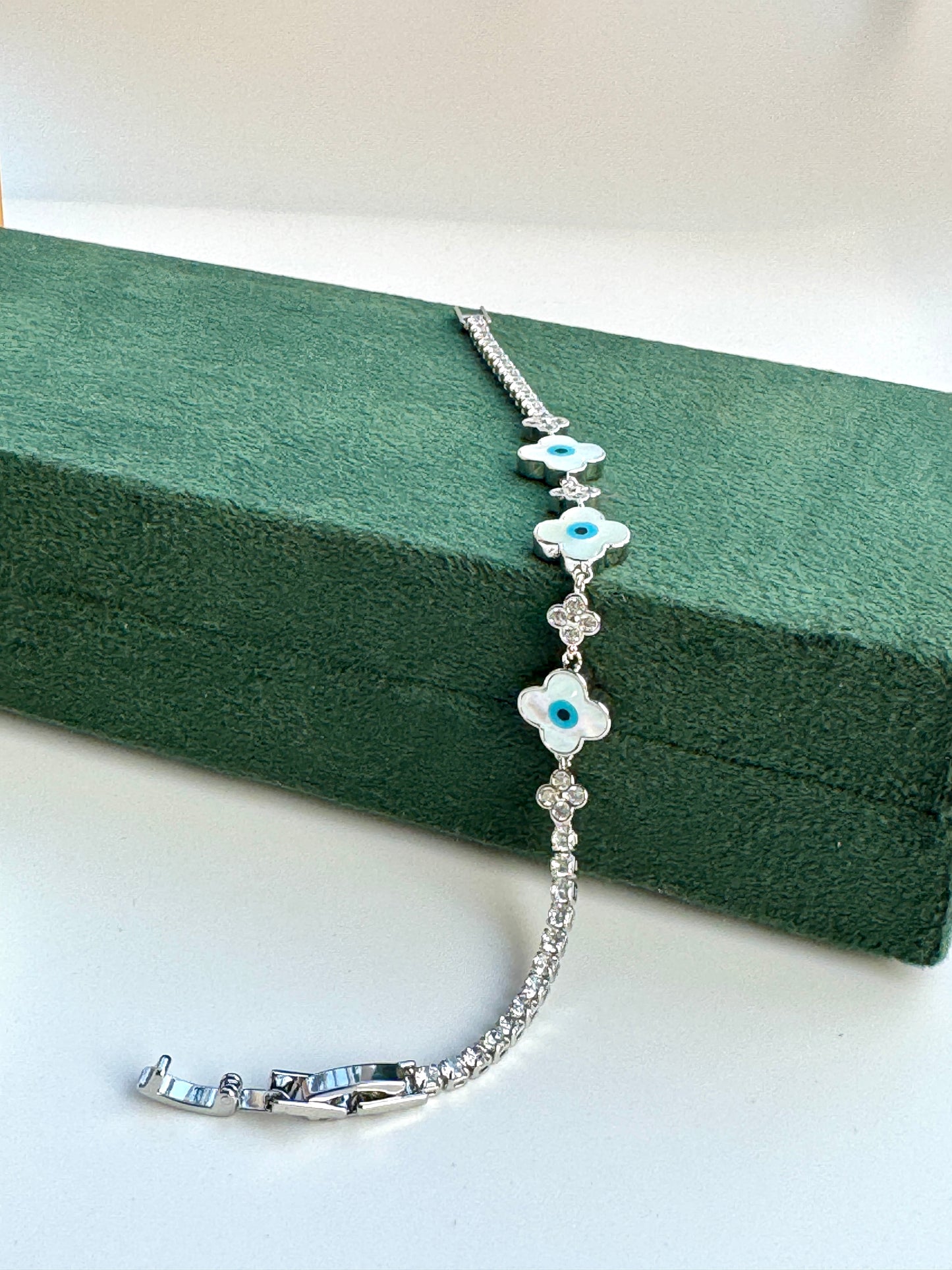 Silver Clover Charm Blue Evil Eye Bracelet by AurviJewelry