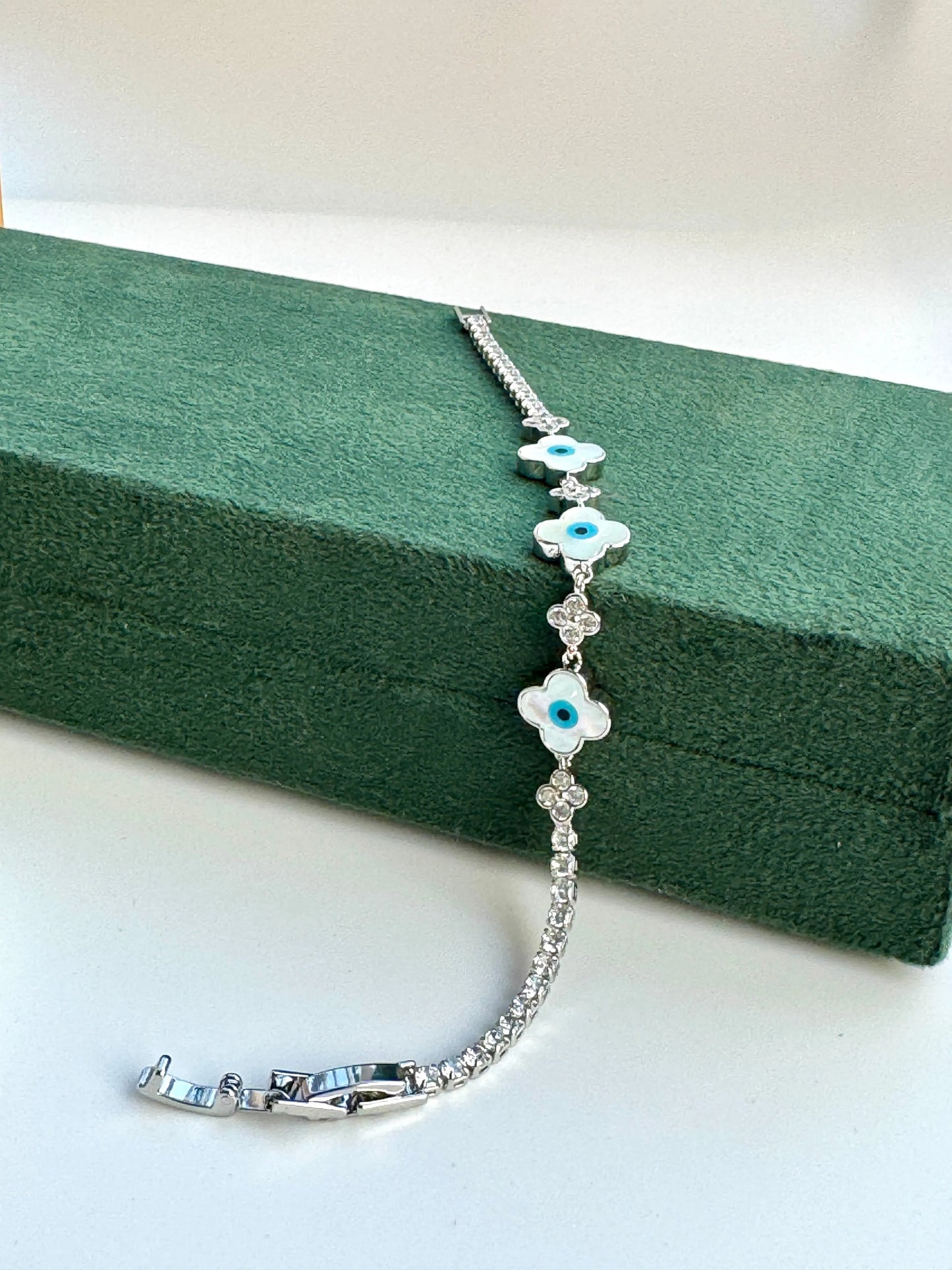 Silver Clover Charm Blue Evil Eye Bracelet by AurviJewelry