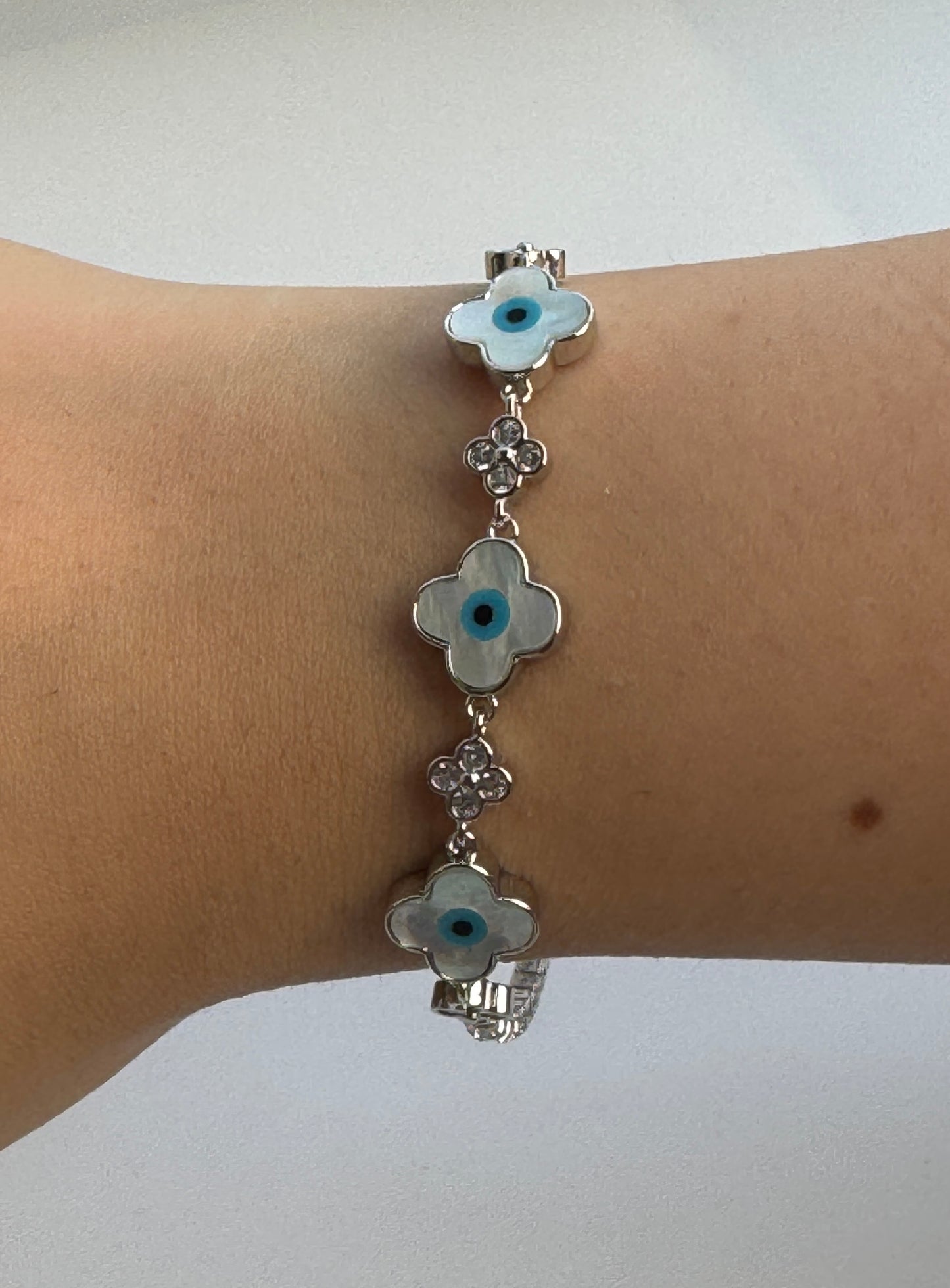 Silver Clover Charm Blue Evil Eye Bracelet