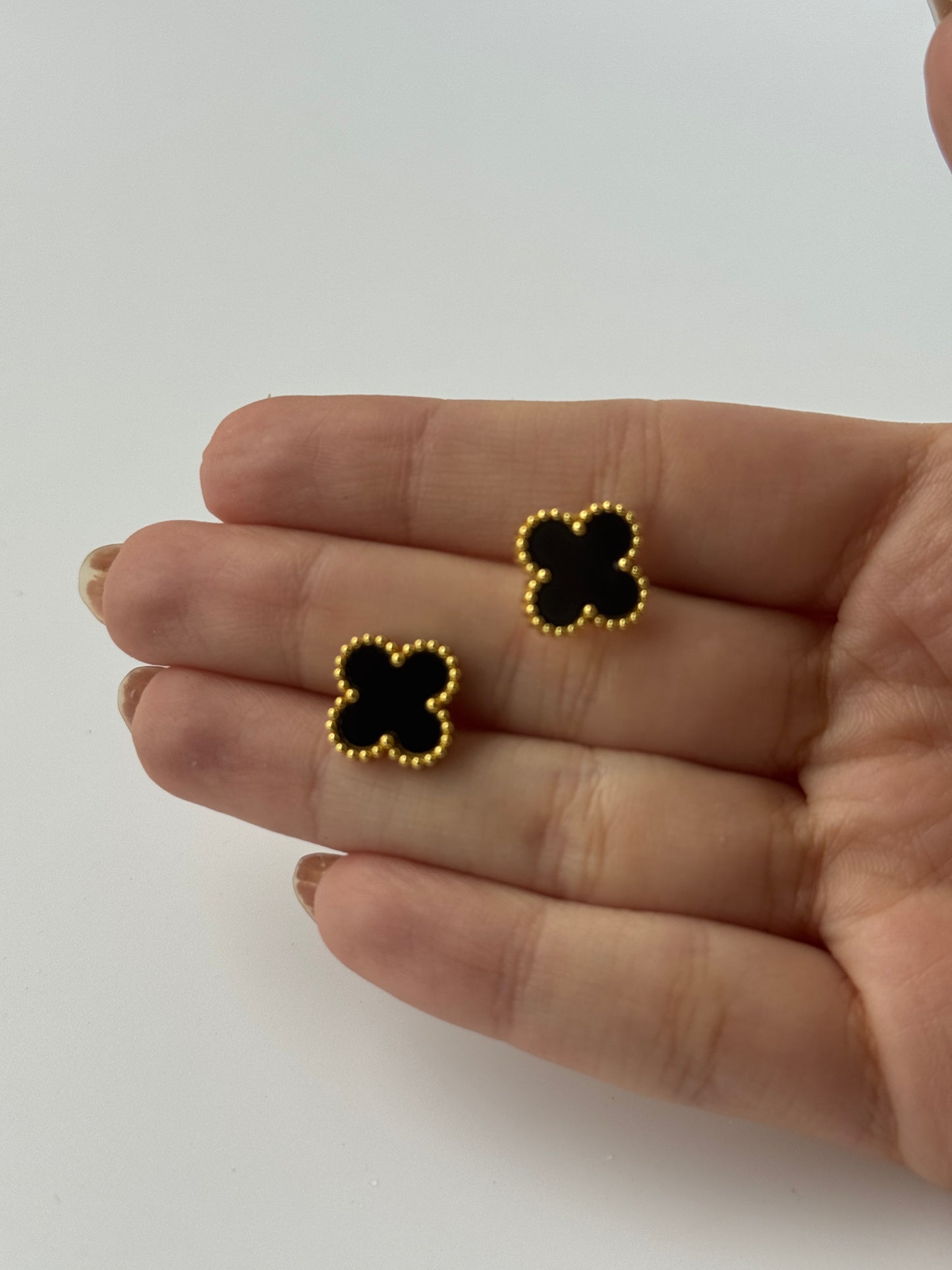 Clover Stud Earrings – White & Black Enamel in Gold Setting