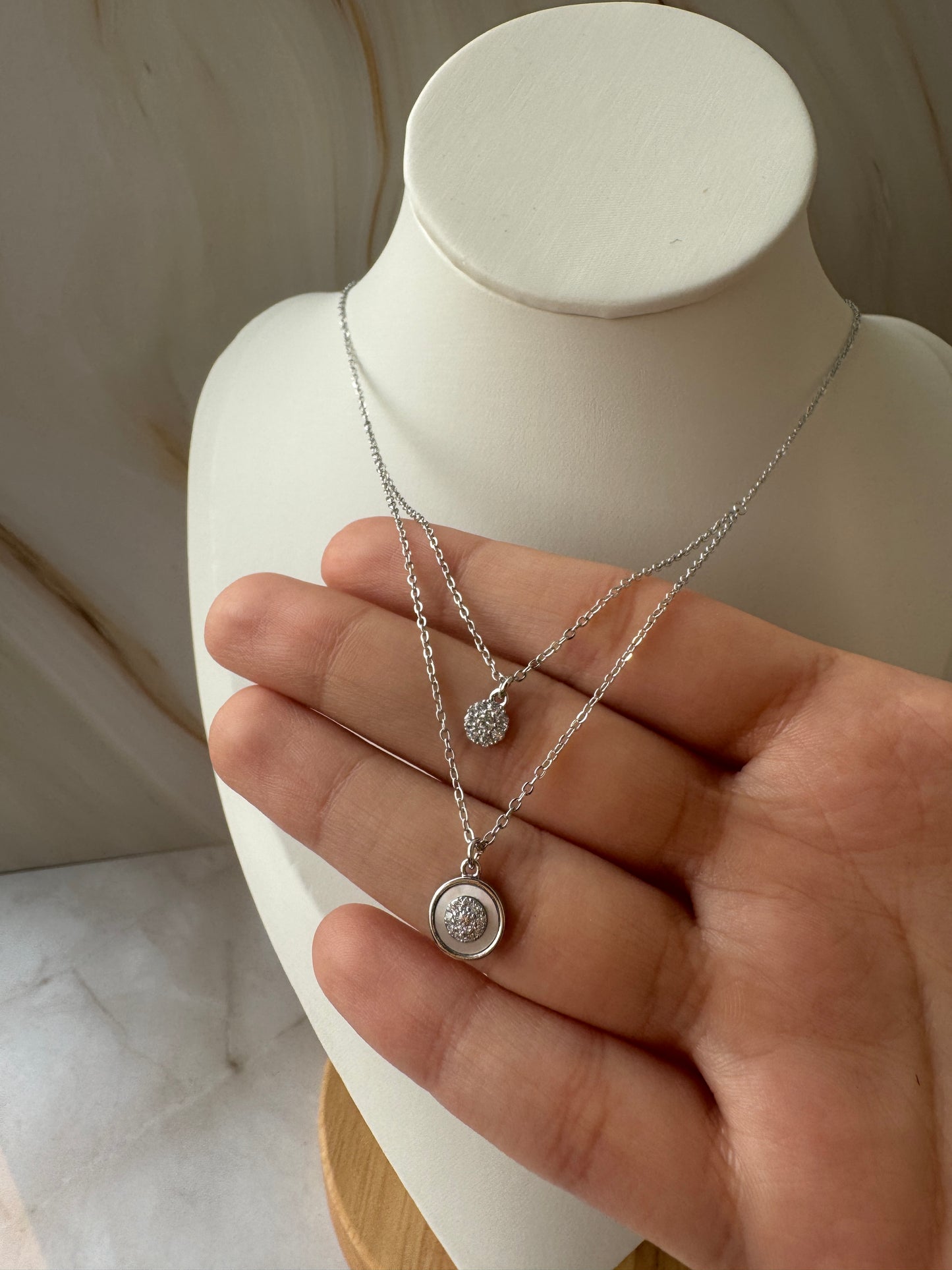 18K Gold & 925 Silver Necklace – Dainty Round Crystal Pendant