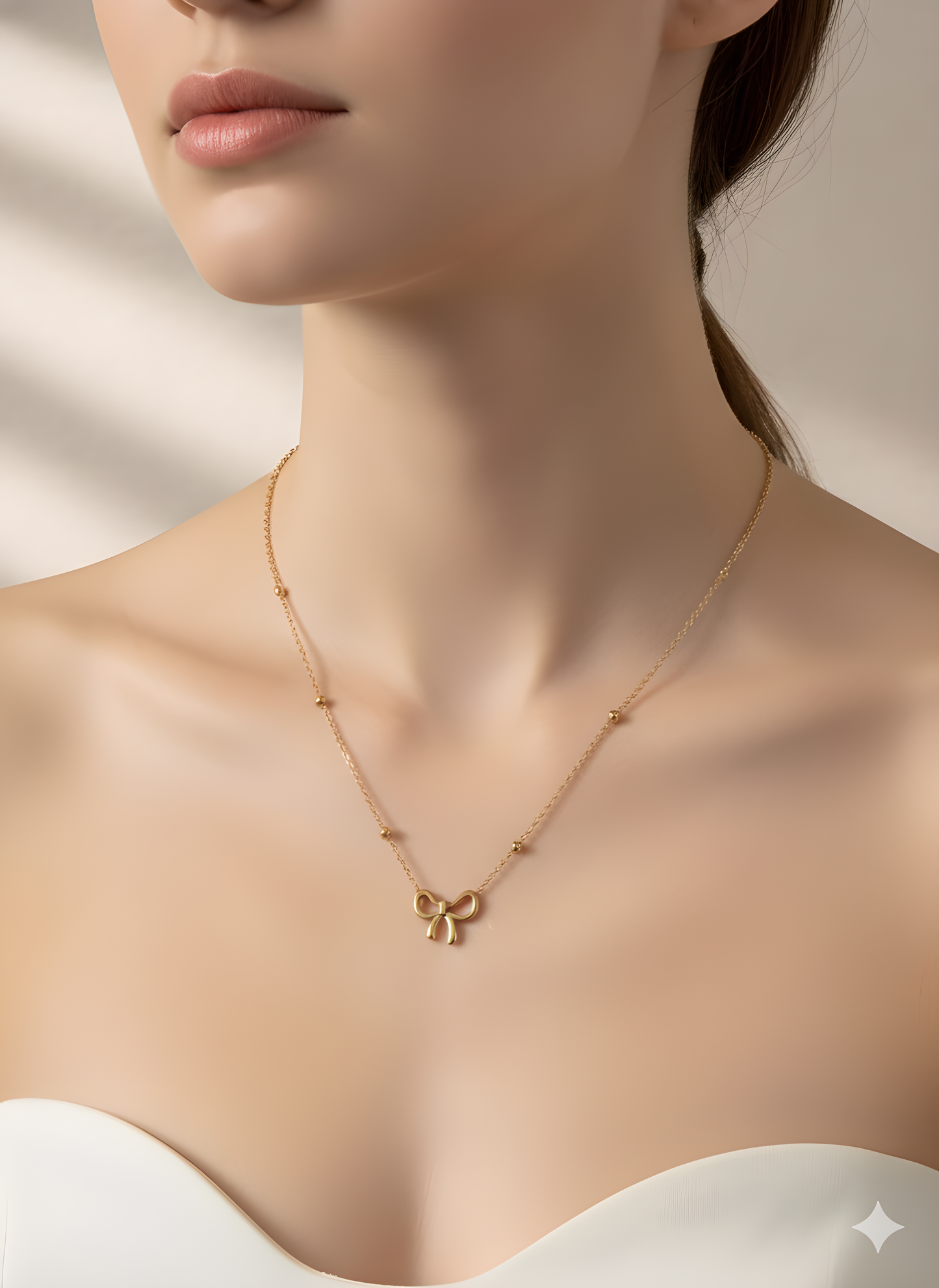 Bow Pendant Necklace 18K Gold Plated | Delicate Beaded Chain | Minimal Everyday Jewelry 45+5cm