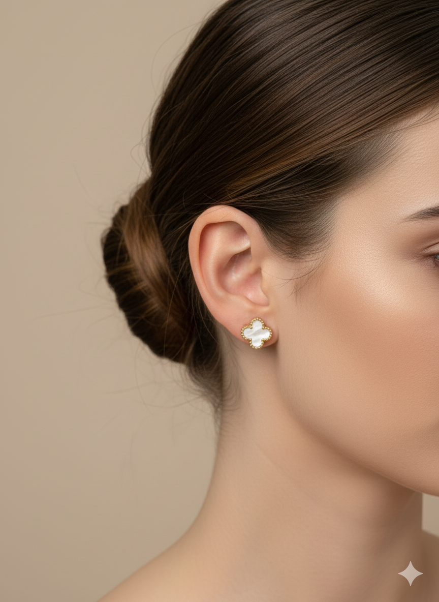 Clover Stud Earrings – White & Black Enamel in Gold Setting by AurviJewelry