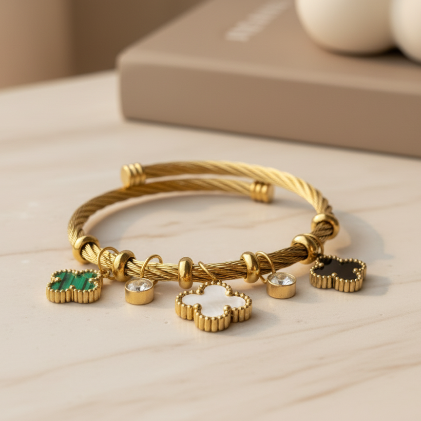 18K Gold Clover Bracelet: Enamel & Zircon Cable Bangle AurviJewelry