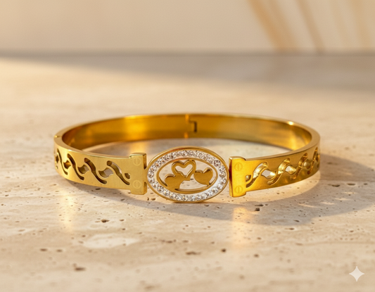 Gold Heart Bangle – CZ Oval Center with Heart Cutout Design by AurviJewelry