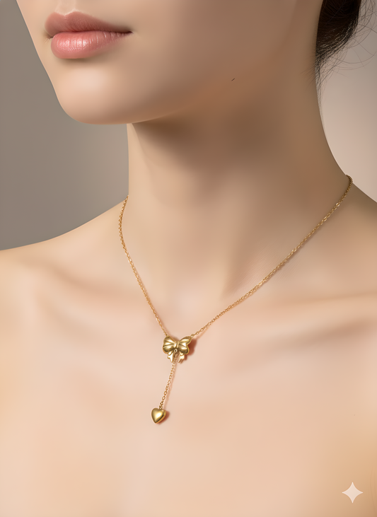 Bow & Heart Drop Necklace 18K Gold Plated | Dainty Romantic Pendant | Feminine Everyday Jewelry 45+5cm