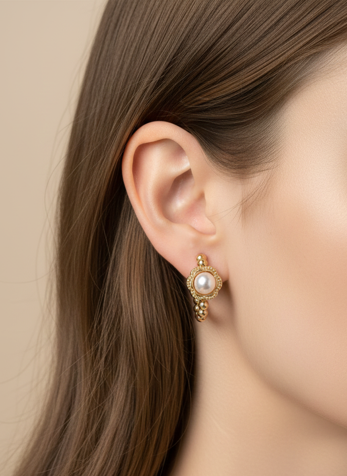 Pearl Half Hoop Earrings, 18K Gold Plated Beaded Hoops AurviJewelry