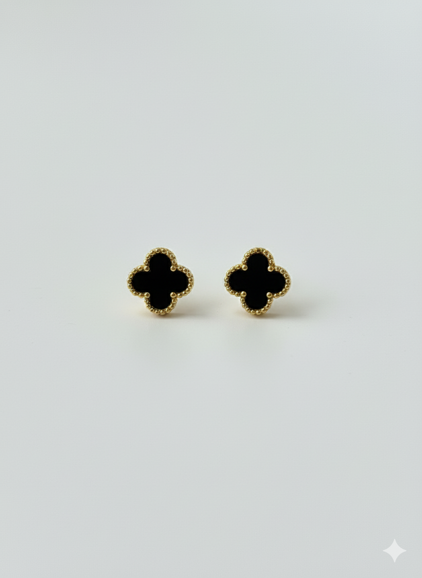 Clover Stud Earrings – White & Black Enamel in Gold Setting