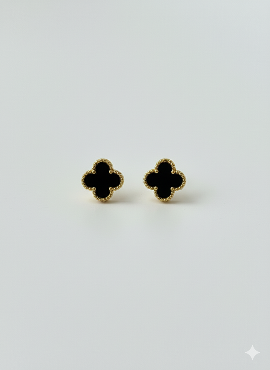 Clover Stud Earrings – White & Black Enamel in Gold Setting