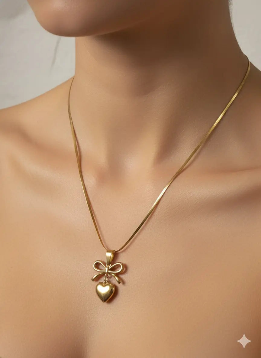 Bow & Heart Necklace, 18K Gold Plated - AurviJewelry