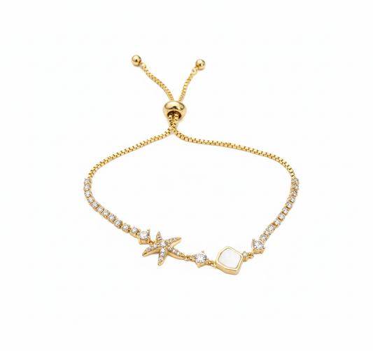 Gold Starfish Tennis Bracelet – Adjustable CZ Chain with Shell Charm