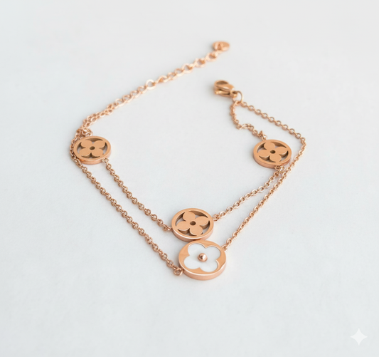 Rose Gold Clover Bracelet – Double Chain with White Enamel & Open Charms by AurviJewelry