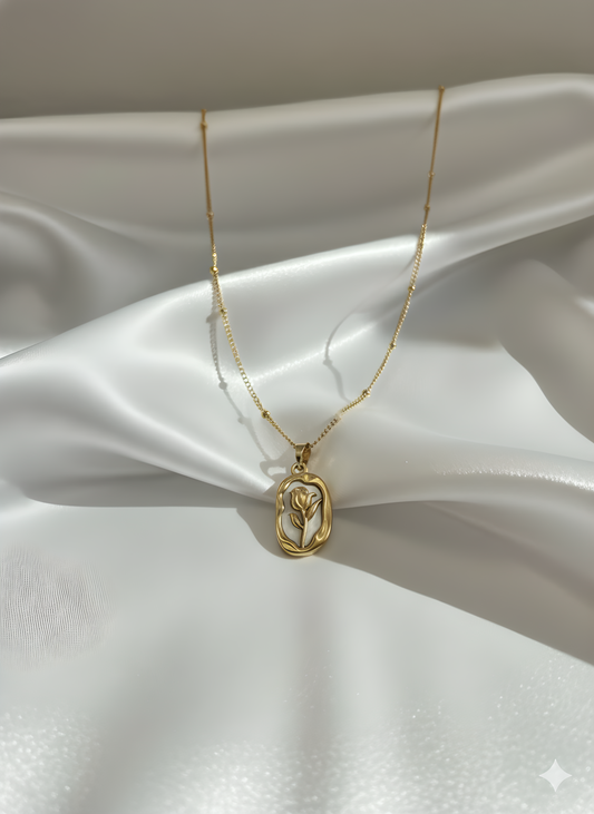 Tulip Pendant Necklace 18K Gold Plated | Mother of Pearl Flower Charm | Delicate Beaded Chain 45+5cm