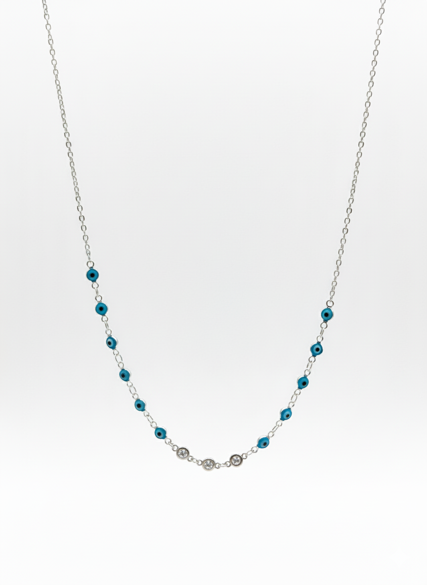 Silver Blue Evil Eye Beaded Necklace