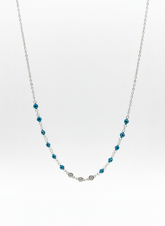 Silver Blue Evil Eye Beaded Necklace