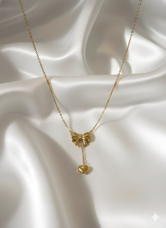 Bow & Heart Drop Necklace 18K Gold Plated | Dainty Romantic Pendant | Feminine Everyday Jewelry 45+5cm