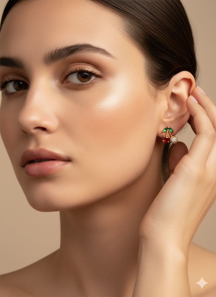 Vintage 18K Gold Plated Cherry Stud Earrings – Red & Green CZ Fruit Piercing Studs AurviJewelry