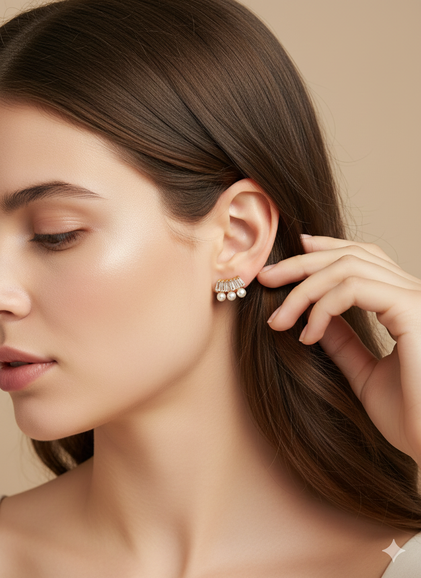 Pearl & Baguette Crystal Stud Earrings Vintage 18K Gold Plated AurviJewelry