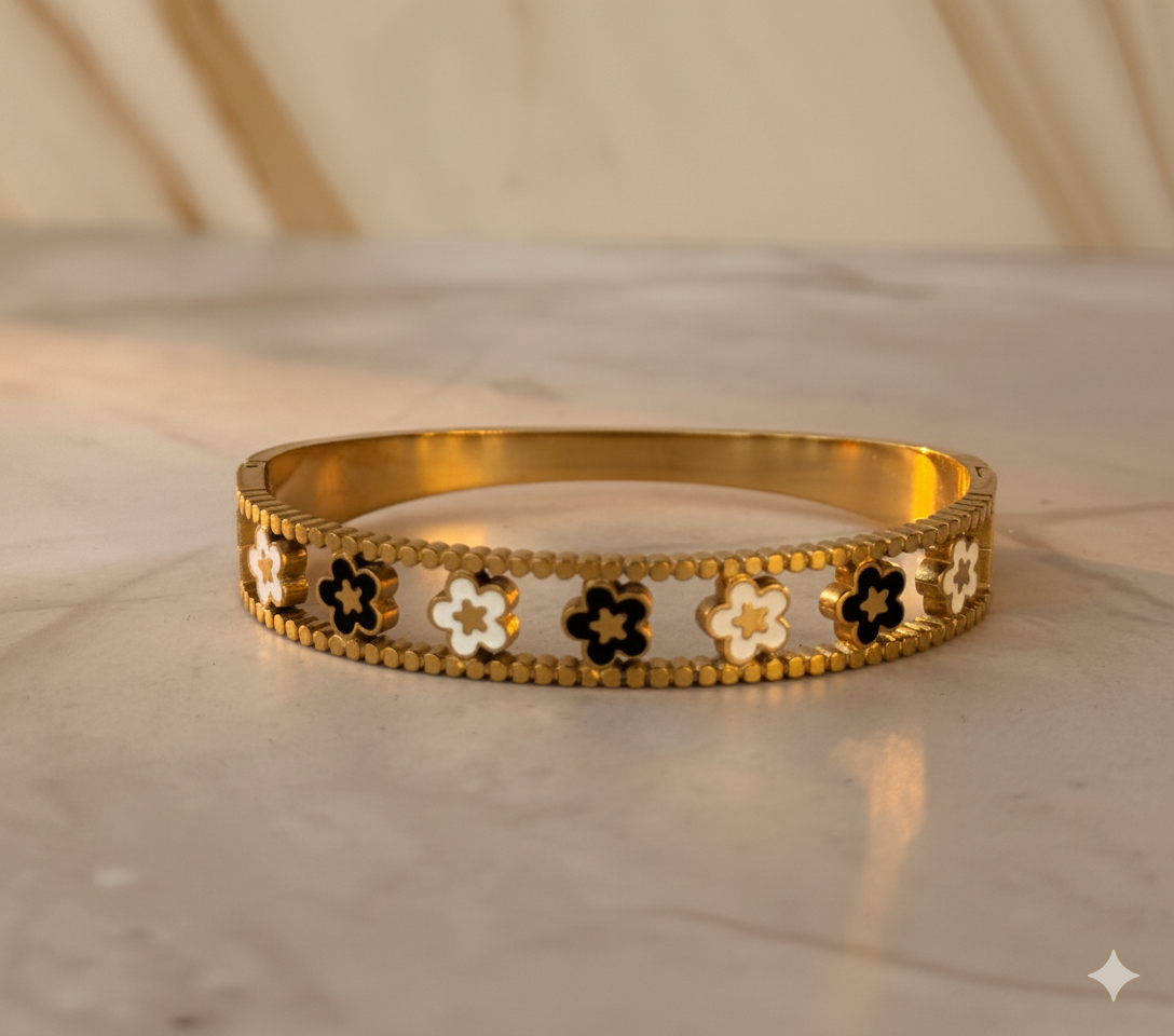 Gold Clover Enamel Bangle – Black & White Clover Pattern Bracelet by AurviJewelry