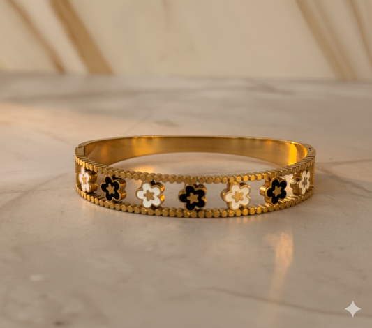 Gold Clover Enamel Bangle – Black & White Clover Pattern Bracelet by AurviJewelry