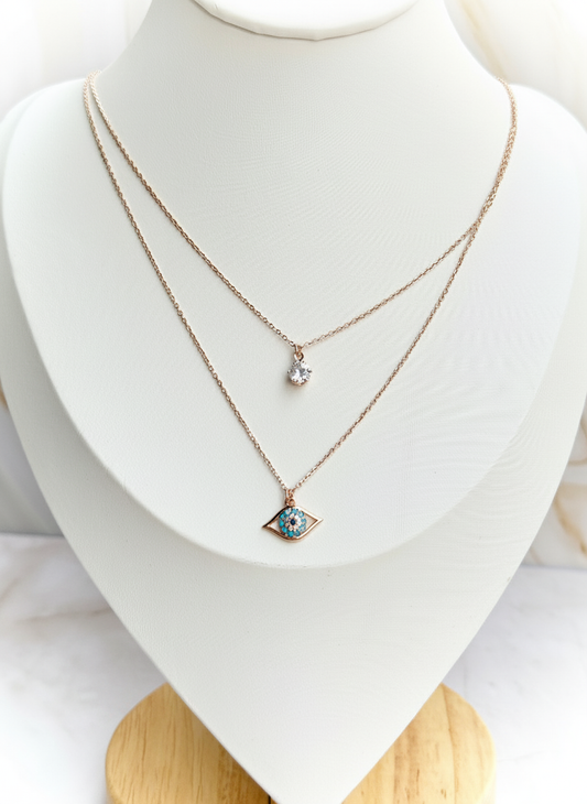 Rose Gold Evil Eye Layered Necklace – Double Chain with CZ Drop