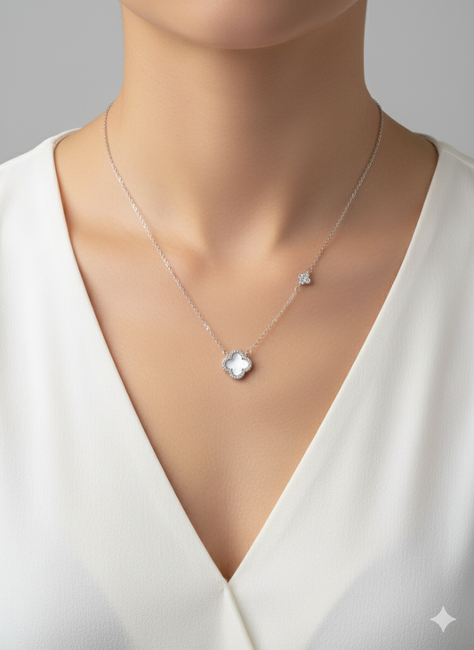 Silver Clover Pendant Necklace – Silver Chain with CZ Border by AurviJewelry