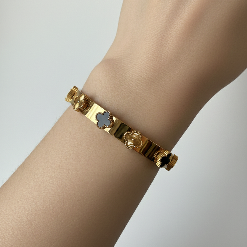 Black Clover Motif Bangle Vintage 18K Gold Plated AurviJewelry