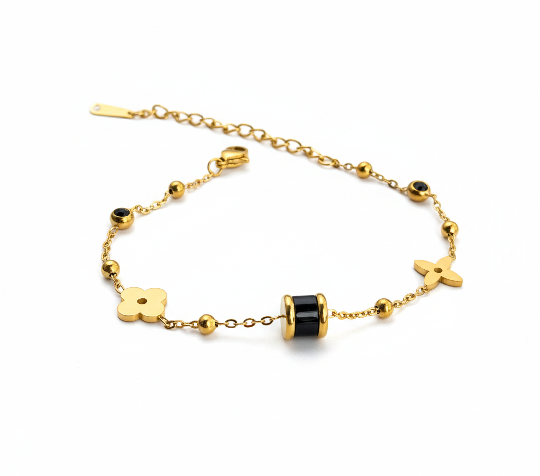 Clover Charm Barrel Bracelet – Gold Chain with Channel-Set CZ (Clear or Black)