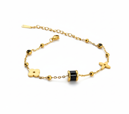 Clover Charm Barrel Bracelet – Gold Chain with Channel-Set CZ (Clear or Black)
