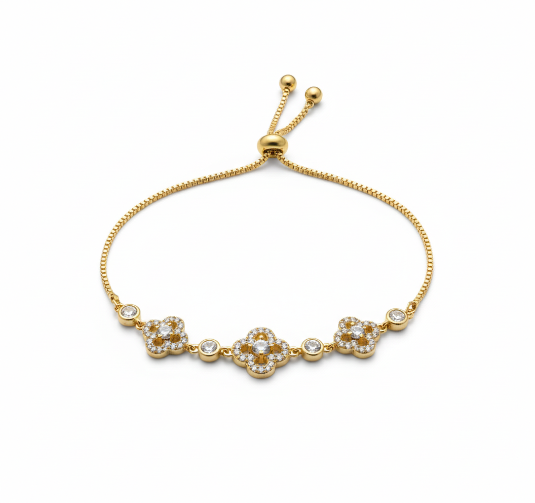 Clover CZ Bracelet 18K Gold Plated – Adjustable Pave Crystal Bracelet