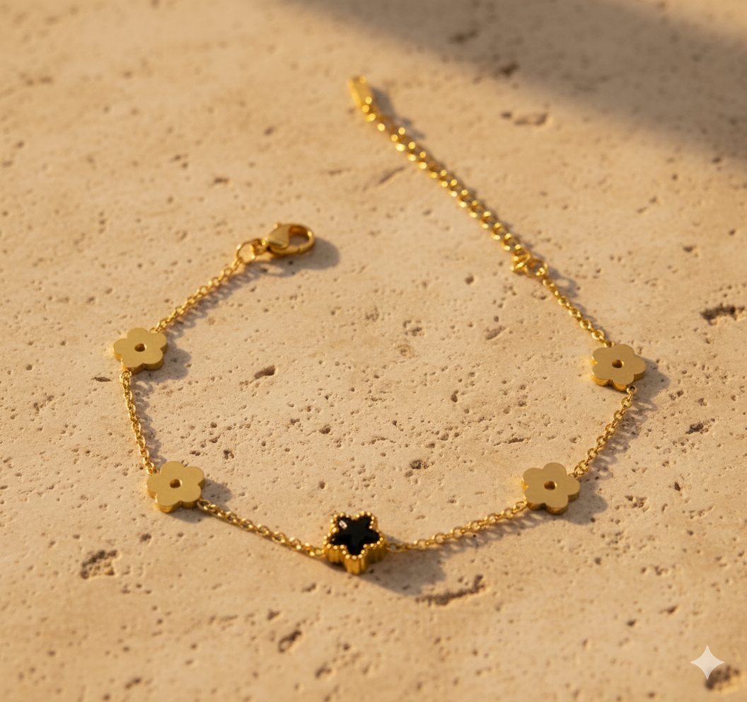 Gold Clover Charm Bracelet – Black Clover Accent Dainty Jewelry for Women