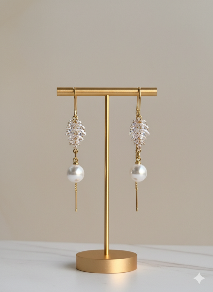 Vintage Pearl Drop Earrings 18K Gold Plated – Crystal Leaf Dangle Bridal Jewelry for Women