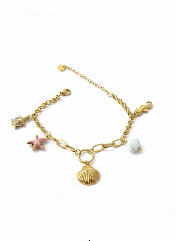 Ocean Charm Bracelet 18K Gold Plated – Shell, Starfish, Turtle, Seahorse & Gemstone AurviJewelry